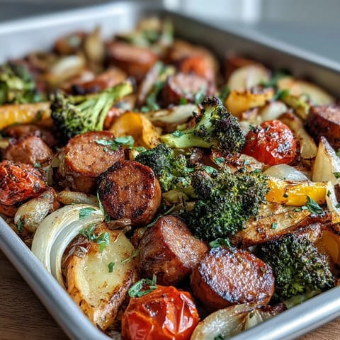 Sheet Pan Rainbow Veggie and Sausage Bake with colorful roasted peppers and zucchini on a golden tray.  