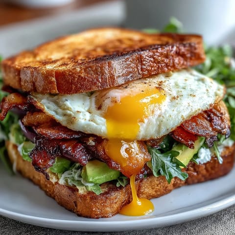 Fluffy runny egg tops this Sourdough Avocado BLT Breakfast Stack, layered with bacon, greens, and ripe avocado slices.