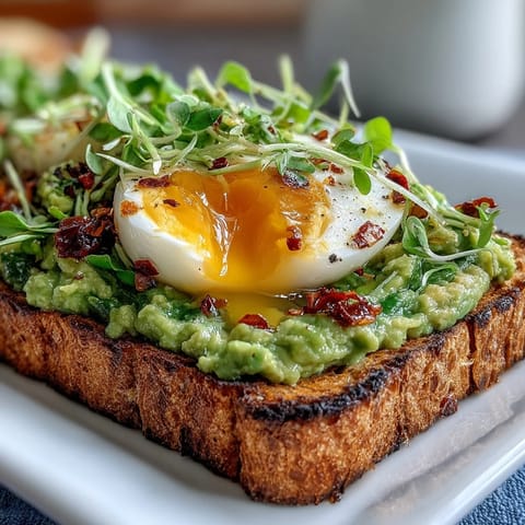 Light Avocado Egg Toast with Microgreens and Chili Flakes on a rustic wooden board, showcasing creamy avocado spread, soft-boiled egg halves, vibrant microgreens, and a sprinkle of chili flakes.