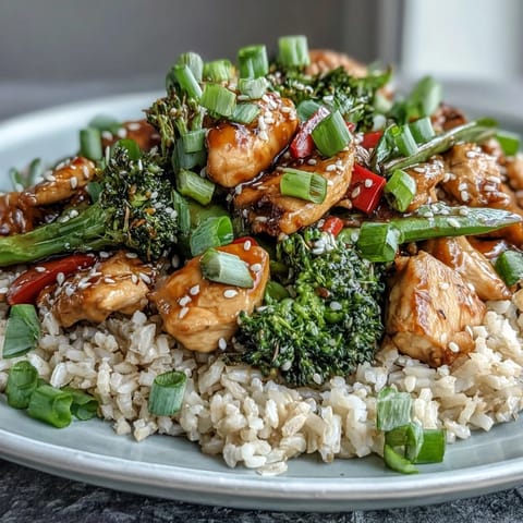 A vibrant plate of 30-minute skinny chicken stir-fry with broccoli and snap peas, served over fluffy rice with sesame garnish.