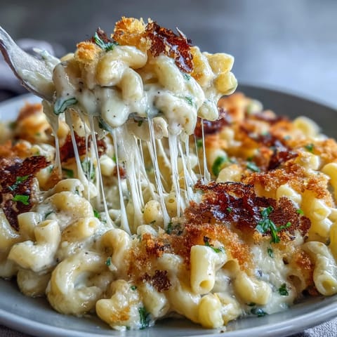 Creamy truffle mac and cheese baked to golden perfection with a crunchy panko topping and fresh black truffle shavings.