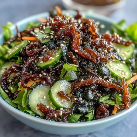Seaweed and nori crunchy salad with mixed greens, crispy seaweed, and zesty ginger-soy dressing.  