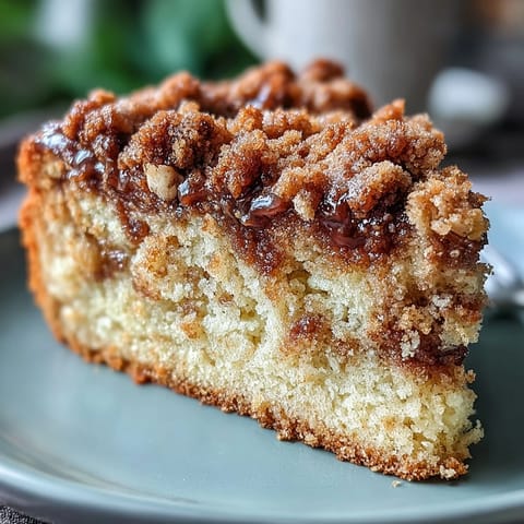 A slice of cardamom coffee cake with a golden, crumbly streusel topping and tender, spiced crumb.