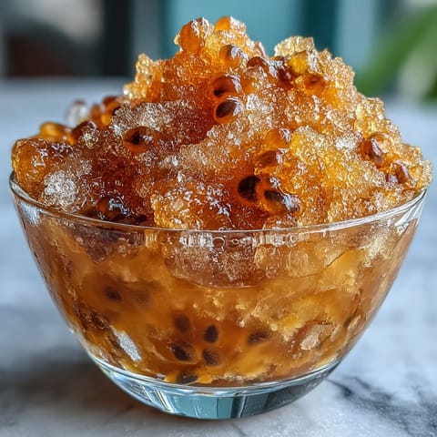 Vibrant passionfruit granita with crystalline layers and a tangy-sweet flavor, served chilled for a refreshing summer dessert.