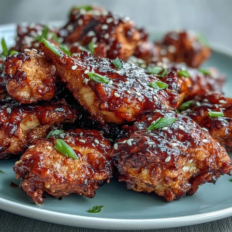 Crispy air-fried Korean chicken glazed in spicy-sweet gochujang sauce, garnished with sesame seeds and green onions.  