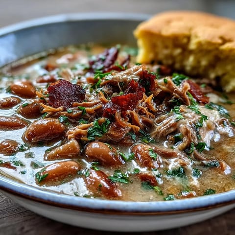 Hearty ham hock and bean soup with tender cornbread in a rustic bowl, perfect for a cozy Southern dinner.