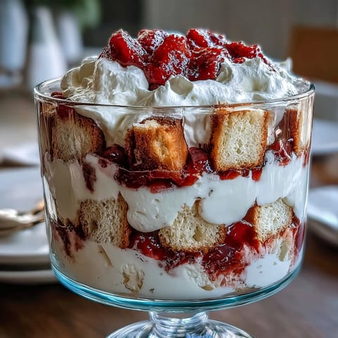 Layered Galentine's Strawberry Shortcake Trifle with fresh strawberries and whipped cream, perfect for sharing with friends at celebrations.
