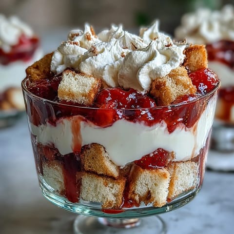 Beautiful Galentine's Strawberry Shortcake Trifle featuring tender shortcake cubes, juicy macerated strawberries, and fluffy whipped cream in a glass dish.