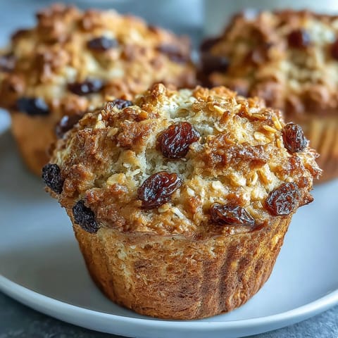 Golden Irish soda bread muffins studded with juicy raisins and hearty oats, baked until golden brown and fragrant.