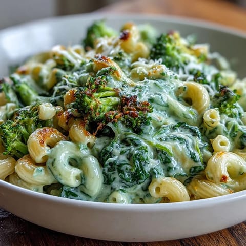 Creamy spinach-broccoli sauce coats tender elbow macaroni, creating a colorful and nutritious twist on classic American mac and cheese.  
