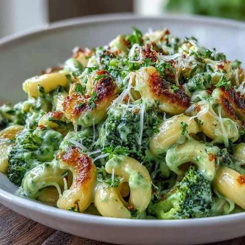 Vibrant green mac and cheese packed with spinach and broccoli, topped with melted cheddar and Parmesan for a creamy, comforting meal.  
