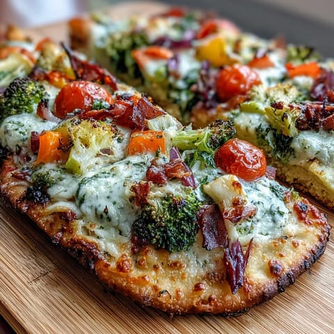 St. Patrick's Day Rainbow Veggie Flatbread Pizza with vibrant red tomatoes, orange peppers, and green spinach baked to cheesy perfection.