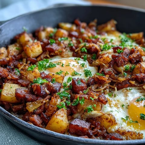 A hearty skillet breakfast with crispy corned beef hash, golden potatoes, and sunny-side-up eggs for a comforting start to the day.  