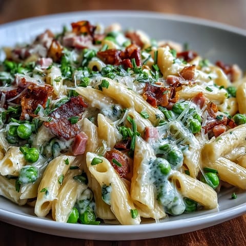 Creamy Leek, Pea, and Ham Pasta in a rich, savory sauce with tender pasta and fresh vegetables.  
