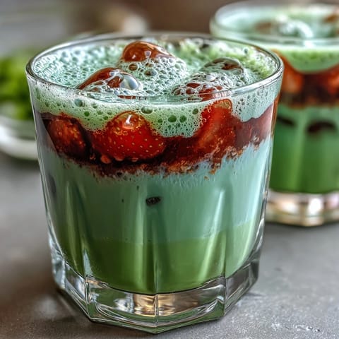 A creamy strawberry matcha latte with vibrant red strawberry puree, earthy green matcha, and frothy oat milk foam in clear glasses.