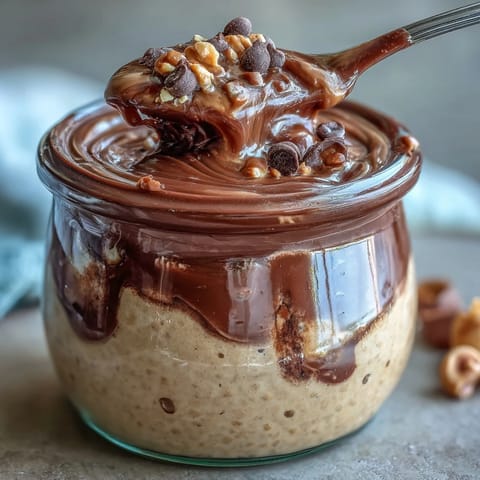 Rich and creamy Peanut Butter Cup Overnight Oats Jar featuring swirls of chocolate and peanut butter, perfect for a sweet breakfast or dessert-inspired snack.