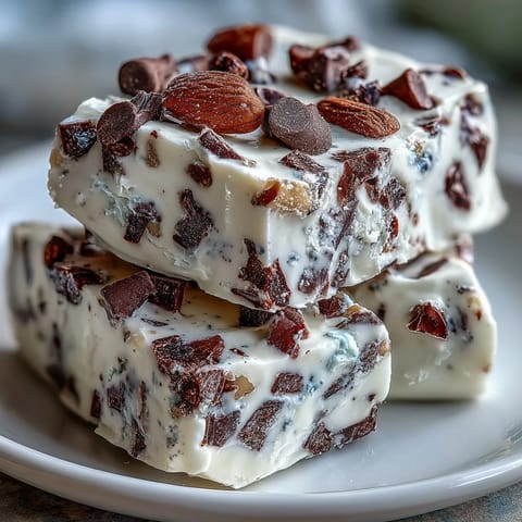 Creamy Greek yogurt and cottage cheese bark swirled with chocolate chips and almond flour, frozen for a protein-packed, no-bake treat.  