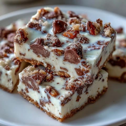 Rich cookie dough-inspired Greek yogurt bark with cottage cheese, studded with mini chocolate chips and a sprinkle of chopped nuts for crunch.  