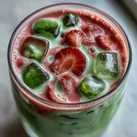 A vibrant dairy-free strawberry matcha iced latte with creamy coconut milk and fresh strawberry purée, perfect for a refreshing summer drink.