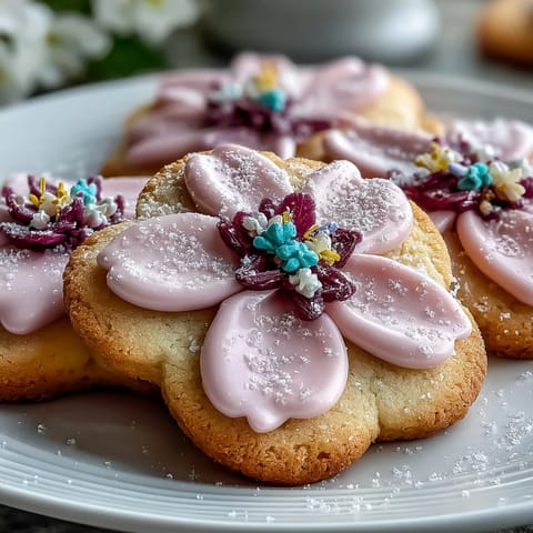 Delicate flower-shaped cookies with soft pastel icing, perfect for baby celebrations or seasonal gatherings.
