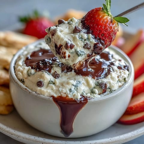 Protein-packed cottage cheese cookie dough dip blended with almond butter, served with colorful mixed fruit for a healthy dessert.  
