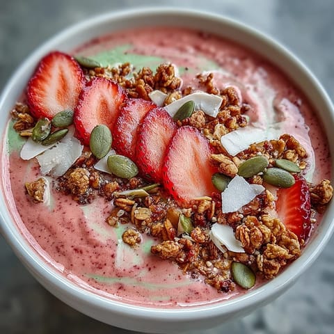 Vibrant strawberry matcha latte smoothie bowl with fresh strawberries, granola, and chia seeds for a nourishing breakfast.