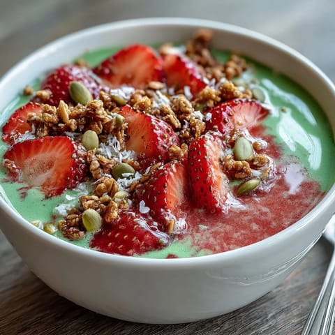 Creamy matcha latte smoothie bowl blending sweet strawberries and banana, topped with crunchy granola and coconut flakes.