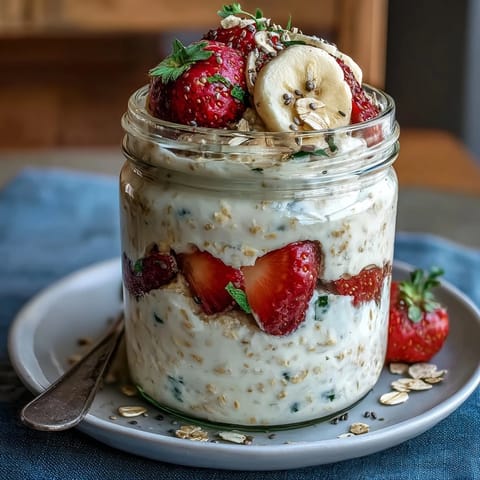 A jar of strawberry banana overnight oats topped with fresh fruit and chia seeds, perfect for a healthy breakfast.  