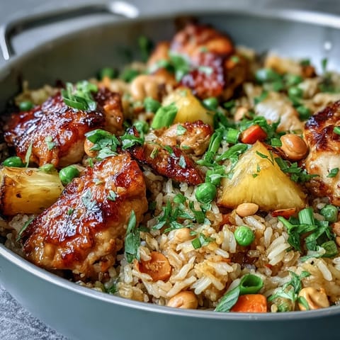 Aromatic fried rice with diced chicken, sweet pineapple, and crisp vegetables in a savory Asian-inspired sauce.  