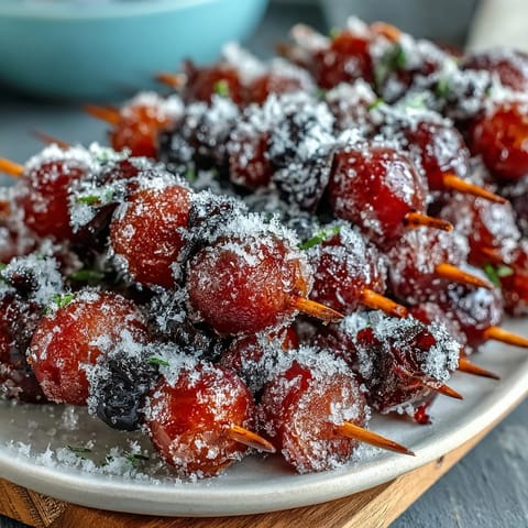 Frozen grape skewers with lime sugar make a colorful, refreshing summer treat perfect for parties or snacks.  