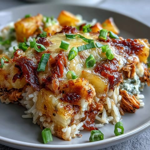 Savory pineapple chicken casserole baked with rice and topped with melted cheddar cheese for a comforting dinner.  