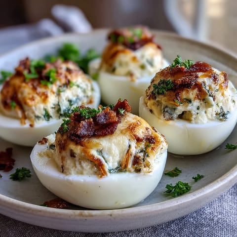 Adorable deviled egg chicks decorated with carrot beaks and peppercorn eyes for Easter fun.  