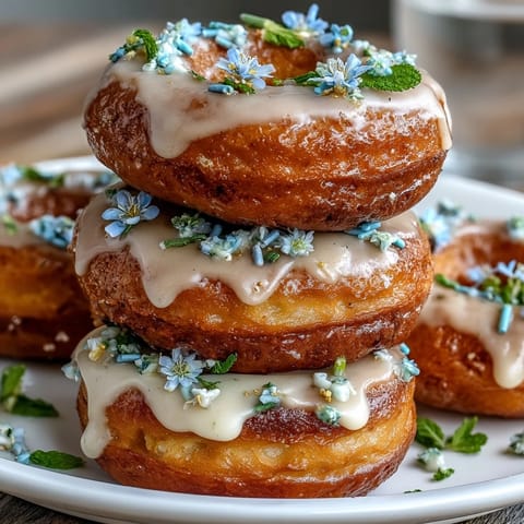 Whimsical tiered mini donut tower decorated with fresh edible flowers and mint leaves, ideal for spring celebrations.
