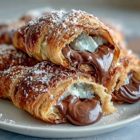 Warm, gooey chocolate croissant bread pudding topped with powdered sugar and fresh berries for an indulgent brunch treat.  