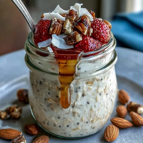 A bowl of creamy overnight oats with fresh strawberries and chia seeds, perfect for a healthy, quick breakfast.  