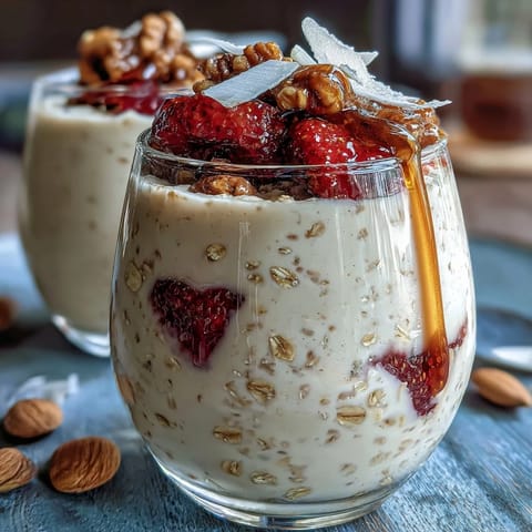 Layered strawberry chia overnight oats in a glass jar, topped with nuts and coconut flakes for a nutritious morning treat.  