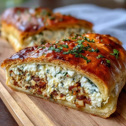 Festive Easter savory pie with hard-boiled eggs and ham, golden puff pastry crust encasing creamy ricotta filling and vibrant spinach.
