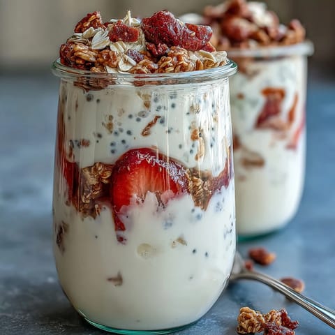 Creamy strawberry overnight oats with chia seeds and granola, topped with fresh berries for a healthy, make-ahead breakfast.