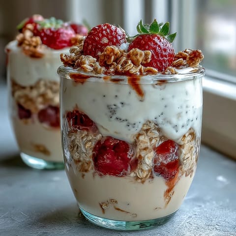 A jar of strawberry overnight oats with chia seeds and granola, perfect for a quick, nutritious morning meal.