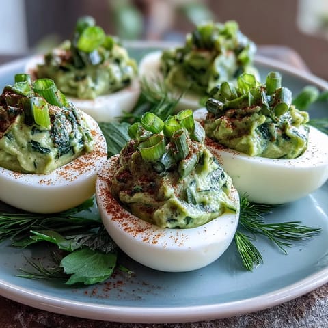 Creamy avocado deviled eggs with fresh herbs, a colorful spring appetizer bursting with flavor and healthy ingredients.