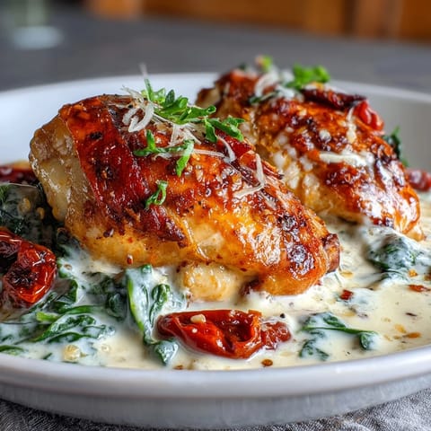 Creamy Tuscan Chicken Skillet with tender chicken in a rich garlic cream sauce, sun-dried tomatoes, and wilted spinach.