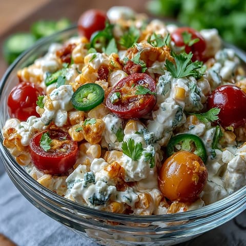 Creamy Corn Salad with Jalapeño: Refreshing summer side with crunchy vegetables, jalapeño heat, and a creamy lime-cumin dressing.