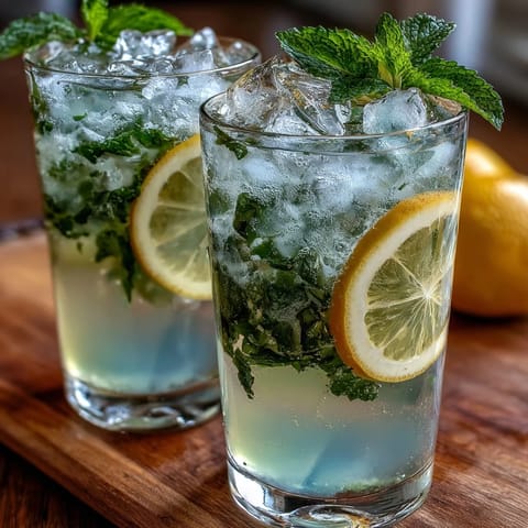 A tall glass of iced lavender lemonade with fresh mint, served with lemon slices and ice, perfect for spring refreshment.