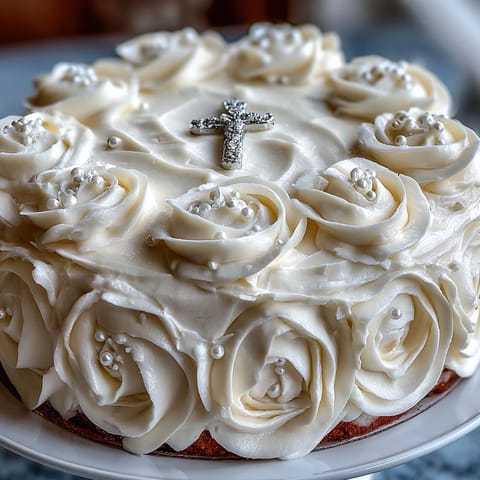 Elegant First Communion cake with white fondant roses and cross topper, perfect for a sacred celebration.  
