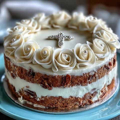 Classic vanilla sponge cake decorated with silky buttercream, delicate white roses, and a symbolic cross centerpiece.  