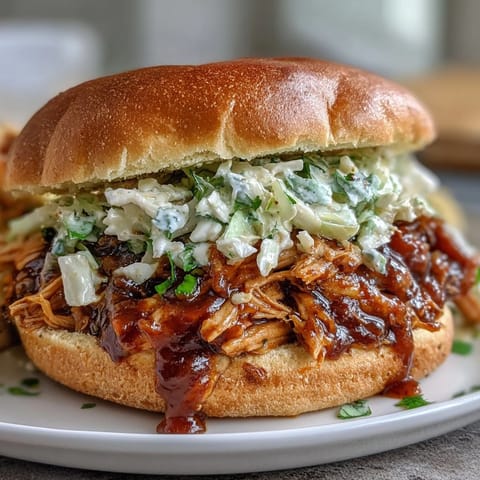 Juicy pulled BBQ chicken piled high on soft brioche buns, topped with creamy coleslaw for a classic American sandwich.  