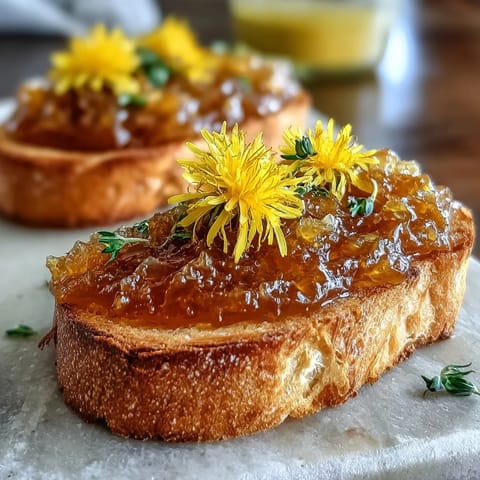 Bright, golden dandelion jelly with fresh lemon and honey, glistening in a glass jar, perfect for springtime breakfasts.