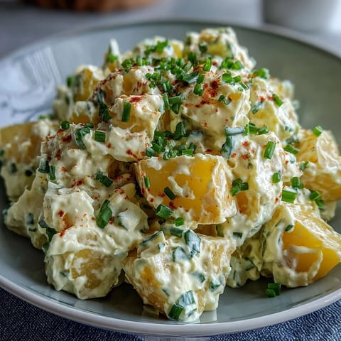 Classic Deviled Egg Potato Salad with creamy dressing and chopped eggs, perfect for Easter or summer cookouts.  
