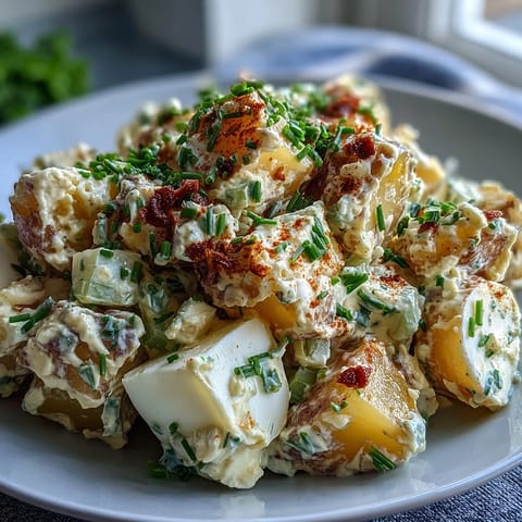 A vibrant bowl of Classic Deviled Egg Potato Salad featuring tender potatoes, crisp celery, and a tangy mustard dressing.  