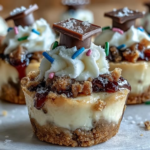 Creamy graduation cheesecake bites with buttery graham cracker crust, topped with whipped cream and festive sprinkles for a celebratory dessert.